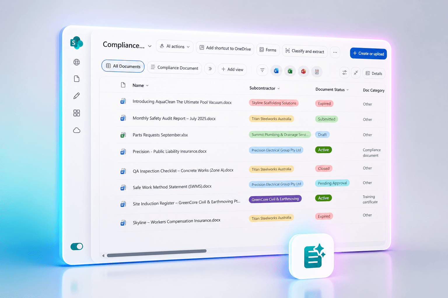 A SharePoint document library with metadata columns and status pills, the kind Copilot can actually read